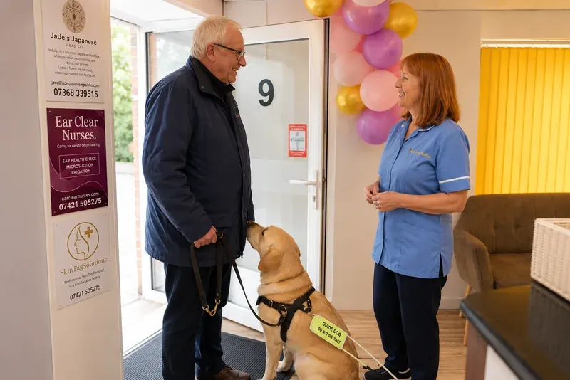 A guide dog and his owner with a nurse at the clinic door