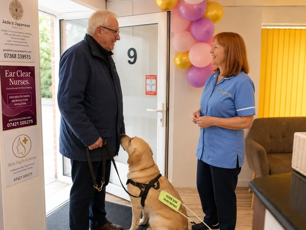 An older gentleman with his guide dog being welcomed by an Ear Clear Nurse at the clinic