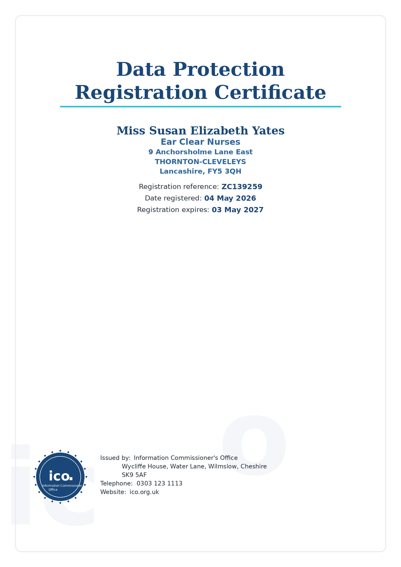 Data Protection Registration Certificate for Ear Clear Nurses