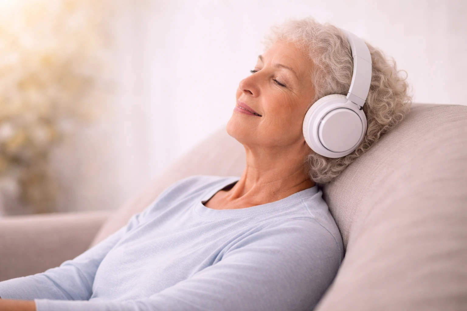 Older woman wearing headphones while listening quietly to tinnitus tones