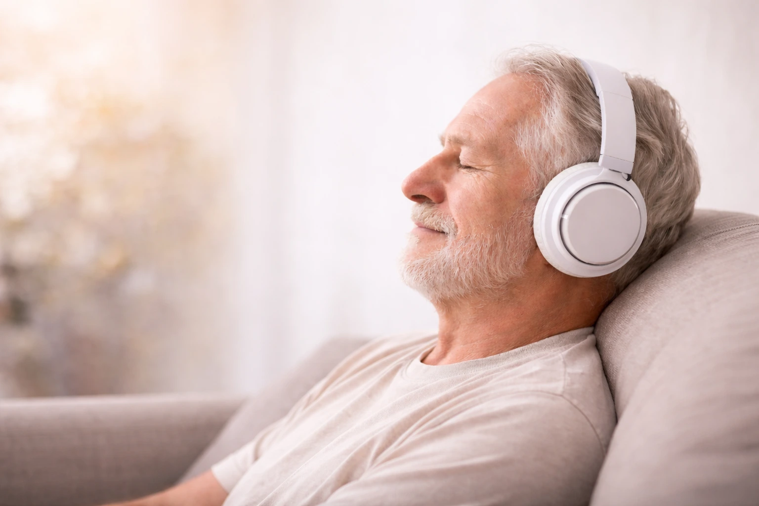 Older man relaxing with over-ear headphones while listening to a tinnitus tone