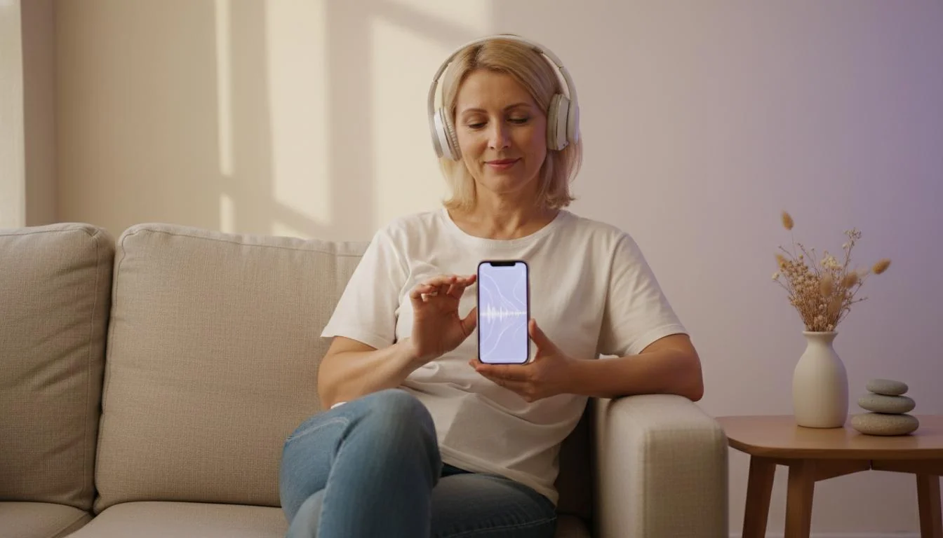 Woman relaxing on a sofa listening through headphones