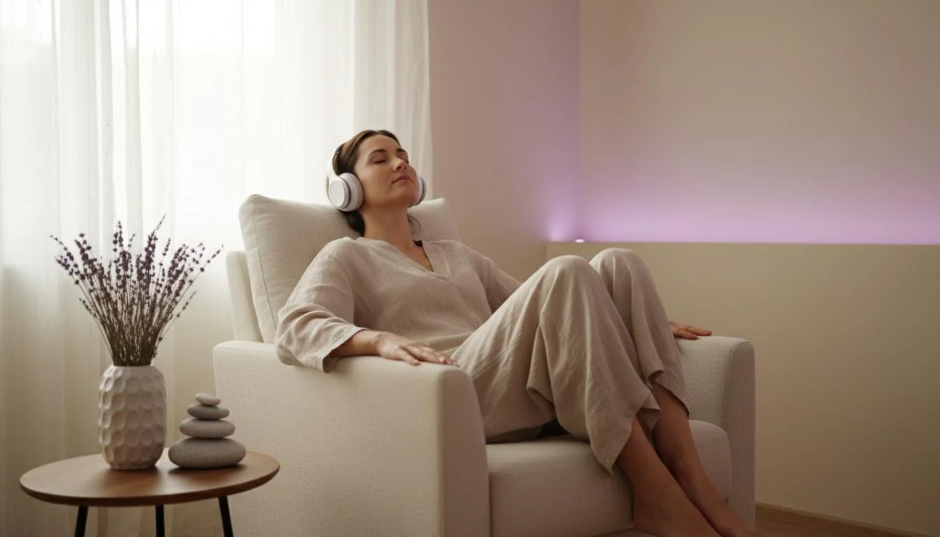 Woman relaxing with headphones, using sound therapy for tinnitus relief