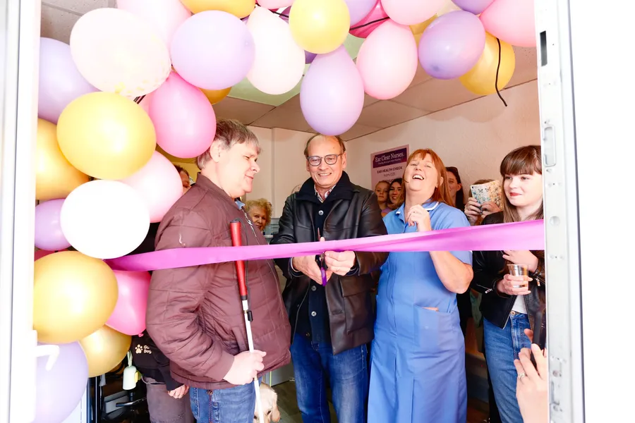 Open day ribbon cutting with Steve Royle and guests at Ear Clear Nurse in Cleveleys