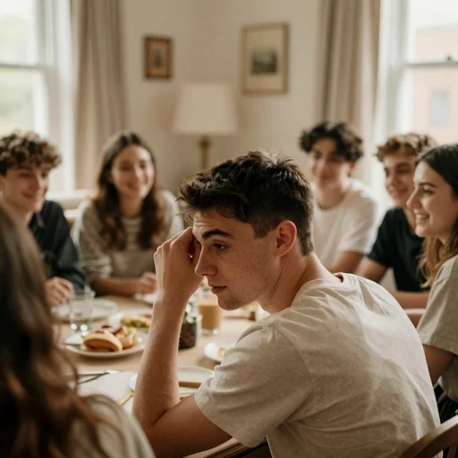 A young man among friends, straining to hear what is being said