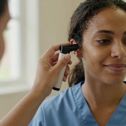 A nurse performing a gentle ear health check