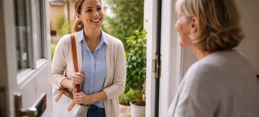 A carer arriving at a patient's front door and being warmly welcomed inside